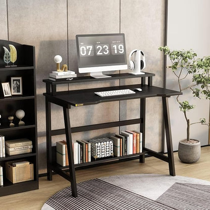 31.5 Inch Small Desk, Small Computer Desk for Small Spaces, Modern Writing Table with Monitor Storage Shelf, Compact Laptop Desk for Home Office and Study, Black