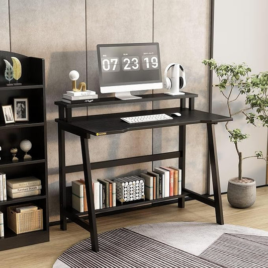 31.5 Inch Small Desk, Small Computer Desk for Small Spaces, Modern Writing Table with Monitor Storage Shelf, Compact Laptop Desk for Home Office and Study, Black