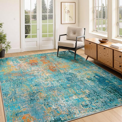 RELEANY Washable Area Rugs 4'x6' Non-Slip Modern Abstract Soft for Living Room Entryway Bedroom Kitchen, Print Pattern, Teal Blue Green Orange Rust Red Coloreful