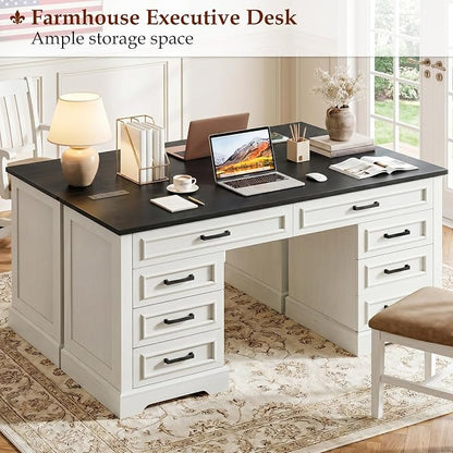 58" Executive Desk with 7 Drawers, Large Computer Desk with Charging Station , Wood Home Office Desk with File Drawer for Letter/A4 Size Hanging Files for Home Office,Rustic White and Rustic Black