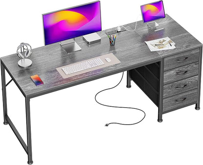 PRAISUN 55.1 Inch Computer Office Desk with Power Outelts and USB-C Port, Reversible Gaming Desk with 4 Fabric Drawers, Work Study Desk Work from Home, Grey