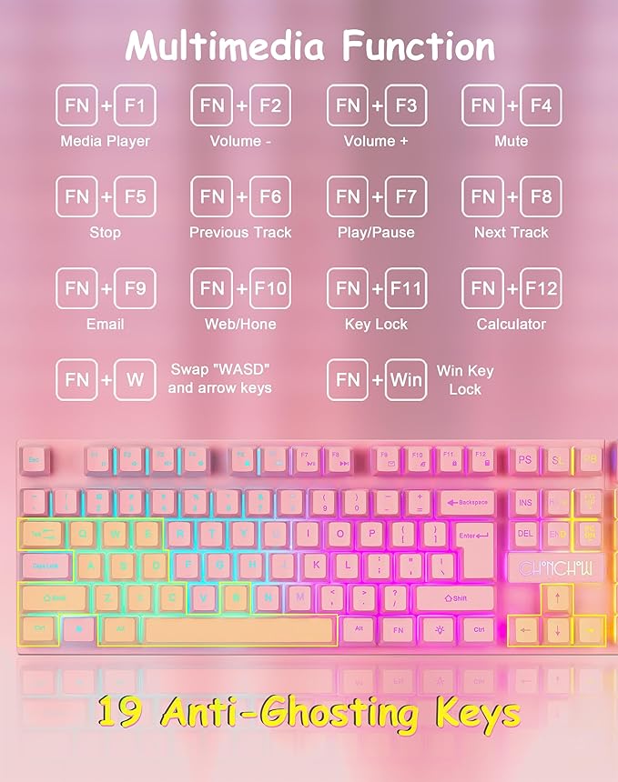 CHONCHOW Pink Gaming Keyboard and Mouse Combo with LED, 104 Keys Wired Light Up Pink Keyboard and Cute Mouse Set for PC Laptop Computer PS4 PS5 Xbox, 19 Keys Anti-ghosting, Multimedia Keys, Number Pad