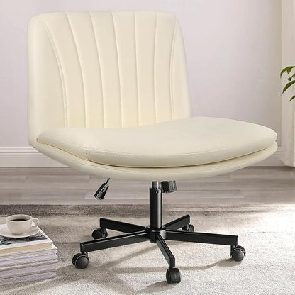 PUKAMI Criss Cross Chair,Comfy Cross Legged Office Desk Chair No Wheels,Modern Fabric Swivel Adjustable Height Mid Back Wide Seat for Home Office Computer (Pu Beige with Wheels)