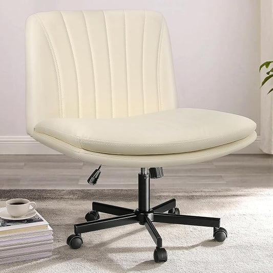 PUKAMI Criss Cross Chair,Comfy Cross Legged Office Desk Chair No Wheels,Modern Fabric Swivel Adjustable Height Mid Back Wide Seat for Home Office Computer (Pu Beige with Wheels)