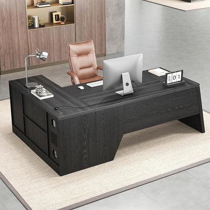 Epecoya 78 Inch L Shape Executive Desk, Large Modern Home Office Desk with Drawer and Cord Hold Management, Wooden Business Furniture for CEO Boss Manager, Black Gray