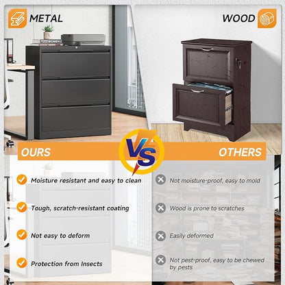 Bestoo 3 Drawer File Cabinet with Lock, File Cabinet, Metal Lateral Filing Cabinet, File Cabinets for Home Office, Office Cabinet for Hanging Files Letter/Legal/F4/A4 Size