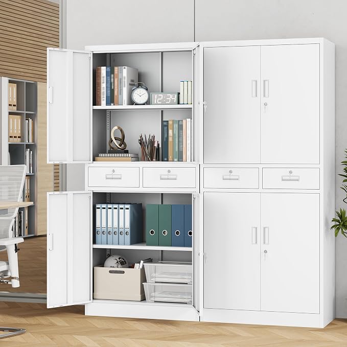 71" H Tall Metal Storage Cabinet with 2 Drawers, Metal Garage Storage Cabinet with Lock and 2 Adjustable Shelves for Home, Office, Garage, Warehouse Organize, White