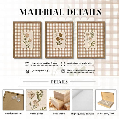 Framed Vintage Floral Wall Art Set of 3, Neutral Wildflower Botanical Canvas Wall Decor Paintings, Cottagecore Gingham Flower Posters Prints Pictures for Living Room Bedroom Bathroom 16x24 Inch