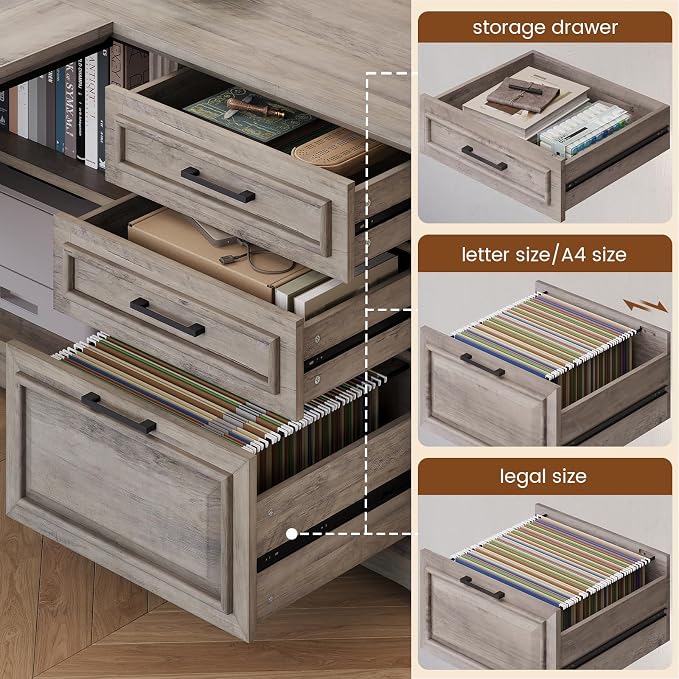 SEDETA Executive Desk, 61" Farmhouse L Shaped Desk with File Drawers, Office Desk with Drawers and Power Outlets, Computer Desk with Storage Shelves for Home Office, Grey
