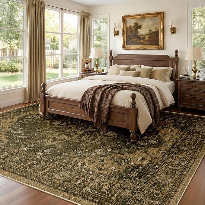 RELEANY Area Rugs 8'x10' Washable Non-Slip, Floral Vintage Distress Medallion Carpet for Living Room Bedroom Dining Room, Brown Dark Brown