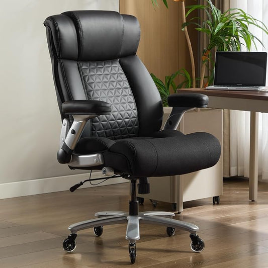 600lbs Big and Tall Office Chair with Flip Arms, Wide Plus Size Chair with Adjustable Lumbar Support for Heavy People, Ergonomic Chair with Breathable Leather, Quiet Rubber Wheels, Black