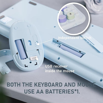 Wireless Keyboard and Mouse, Colorful 104-Key QWERTY with Round Keys, Phone Holder, Wrist Rest, Power Buttons, 2.4GHz USB for PC Laptop (Light Blue Colorful)