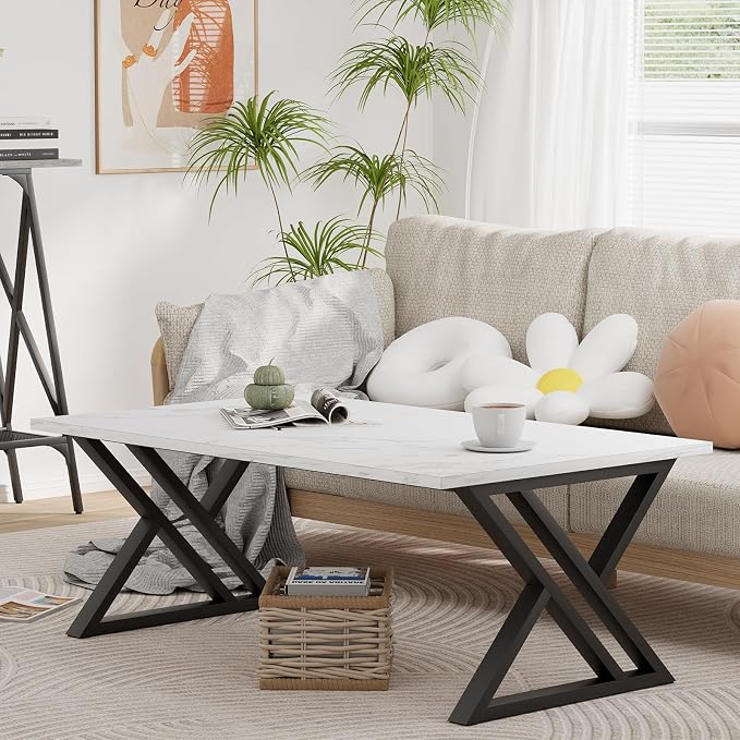 Wolawu Coffee Table White Living Room Center Table, Simple Modern Faux Marble Rectangular Tea Table with Sturdy Black Metal Frame,Industrial Wooden Coffee Table for Bedroom Home Office