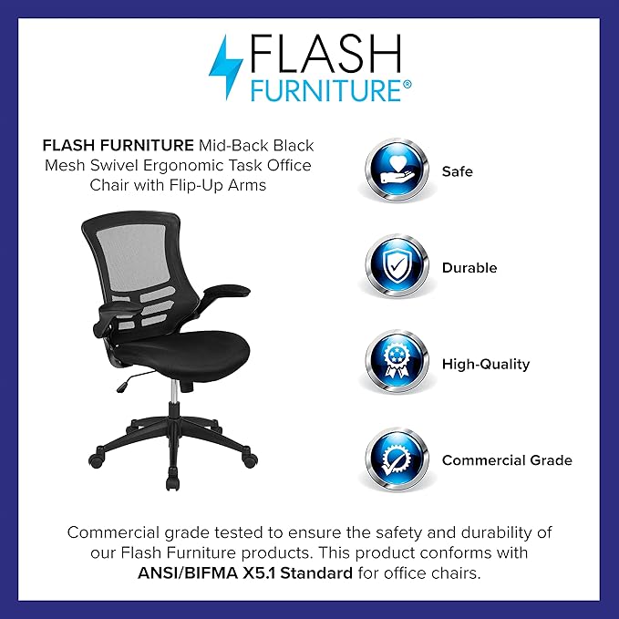 Flash Furniture Kelista Mid-Back Black Mesh Swivel Ergonomic Task Office Chair with Flip-Up Arms - Set of 5
