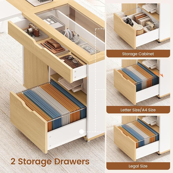 SEDETA L Shaped Computer Desk with Mobile File Cabinet & Power Outlets, Executive Home Office Desk with Storage Drawers, Pegboard, Cable Management, Reversible L Desk for Work & Gaming, White + Oak