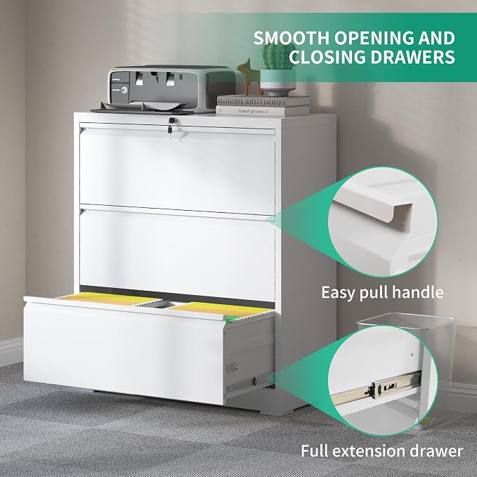 IKIMI 3 Drawer Lateral File Cabinets with Lock,White Metal Lateral Filing Cabinet for Home Office,Wide Steel Storage Cabinet Commercial Drawer Cabinet for Legal/Letter/A4 Size Files