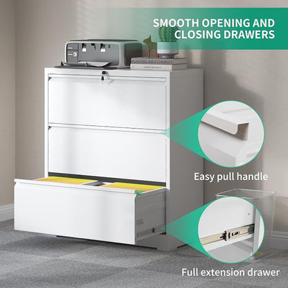 IKIMI 3 Drawer Lateral File Cabinets with Lock,White Metal Lateral Filing Cabinet for Home Office,Wide Steel Storage Cabinet Commercial Drawer Cabinet for Legal/Letter/A4 Size Files