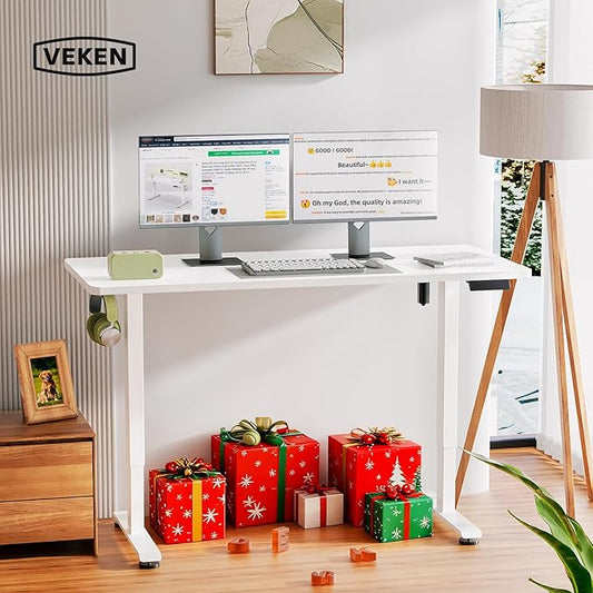Veken 55 Inch Large Electric Standing Desk,Sit to Stand Up, Heights Adjustable, Work Home Office Computer Table for Study, Walking Pad, Writing, and Games, Wooden Desktop Desks, White