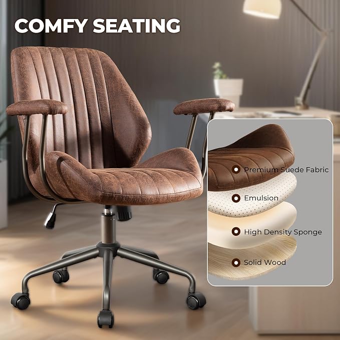 Home Office Chair,Ergonomic Computer Chair with Lumbar Support Adjustable Height,Mid-Century Modern Office Chair with Rolling Swivel Chair for Home Office Game Study(Suede Mid Back Chair,Dark Brown)