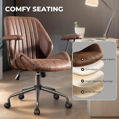 Home Office Chair,Ergonomic Computer Chair with Lumbar Support Adjustable Height,Mid-Century Modern Office Chair with Rolling Swivel Chair for Home Office Game Study(Suede Mid Back Chair,Dark Brown)