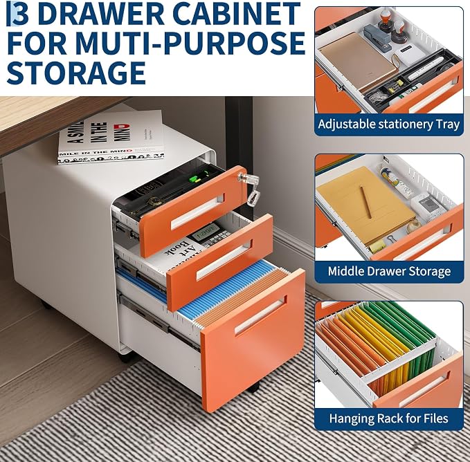Garvee 3 Drawer File Cabinet with Lock, Under Desk Metal Mobile Filing Cabinet for Home Office, 5 Wheels Anti-Tipping Rolling File Cabinets for A4/Letter/Legal Size, Fully Assembled, Orange
