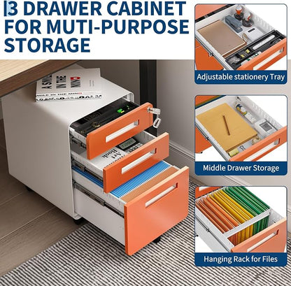 Garvee 3 Drawer File Cabinet with Lock, Under Desk Metal Mobile Filing Cabinet for Home Office, 5 Wheels Anti-Tipping Rolling File Cabinets for A4/Letter/Legal Size, Fully Assembled, Orange