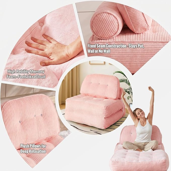Folding Sofa Bed, Flannel Futon Couch Bed with Pillow and Blanket, Convertible Sleeper Chair for Living Room Bedroom, Pink