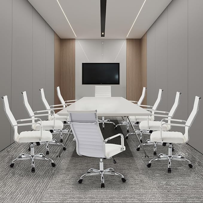 Office Chair, Ergonomic Executive Conference Room Chairs, Ribbed Leather Desk Chair with Lumbar Support, Adjustable Height Mid-Back Swivel Chair (Triple Bend Handrail Armrests, White)