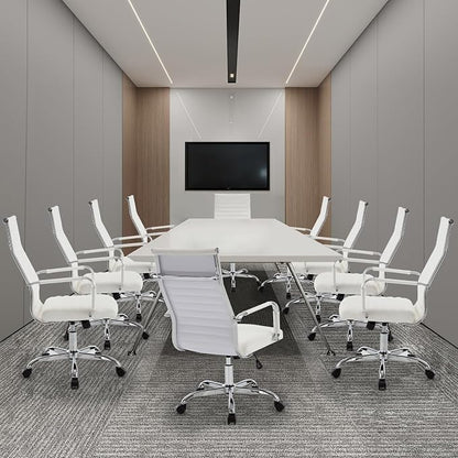Office Chair, Ergonomic Executive Conference Room Chairs, Ribbed Leather Desk Chair with Lumbar Support, Adjustable Height Mid-Back Swivel Chair (Triple Bend Handrail Armrests, White)