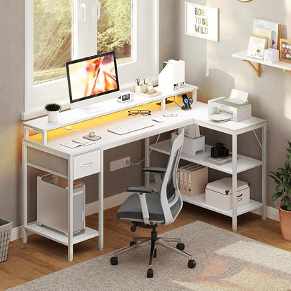 DUMOS 53” Gaming Desk with USB Charging Ports & LED Lights, Reversible L Shaped Desks Computer Corner Gamer Table with Power Outlets Monitor Stand Storage Shelves for Home Office Small Space, White