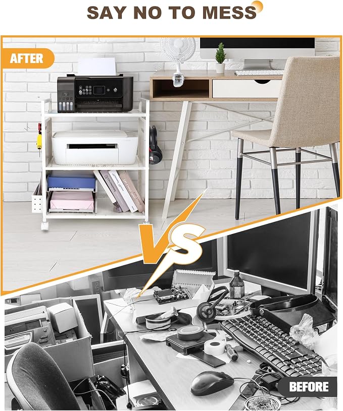 Mythinglogic 3-Tier Rolling Printer Stand with Adjustable Height, Metal Office Organizer Cart, DIY Panels, Lockable Wheels for Home, Office, Kitchen, Gaming