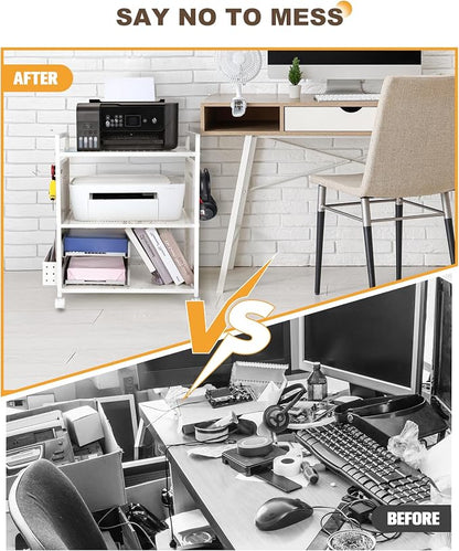 Mythinglogic 3-Tier Rolling Printer Stand with Adjustable Height, Metal Office Organizer Cart, DIY Panels, Lockable Wheels for Home, Office, Kitchen, Gaming
