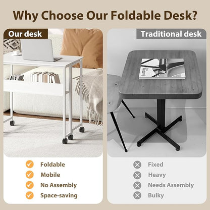 Garvee Folding Desk Small Rolling Desk with Storage Shelf,24.8 Inch Foldable Computer Table for Small Spaces, Space Saving Sofa Table with Wheels for Home Office, Study, Easy Assembly, White