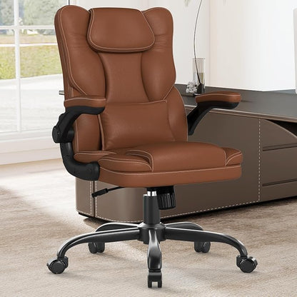 Ergonomic Office Chair with Flip-Up Armrests, Mid Back Executive PU Leather Desk Chair, Height Adjustable with Lumbar Support, Rocking & Swivel Computer Chair for Home Office