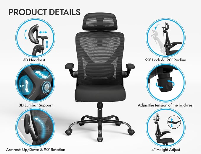 Black Ergonomic Office Chair - Mesh Desk Chair with Adjustable Lumbar Support High Back Computer Gaming Chairs - Big and Tall Office Chairs Adults, Comfortable for Long Hours