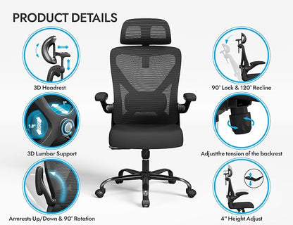 Black Ergonomic Office Chair - Mesh Desk Chair with Adjustable Lumbar Support High Back Computer Gaming Chairs - Big and Tall Office Chairs Adults, Comfortable for Long Hours