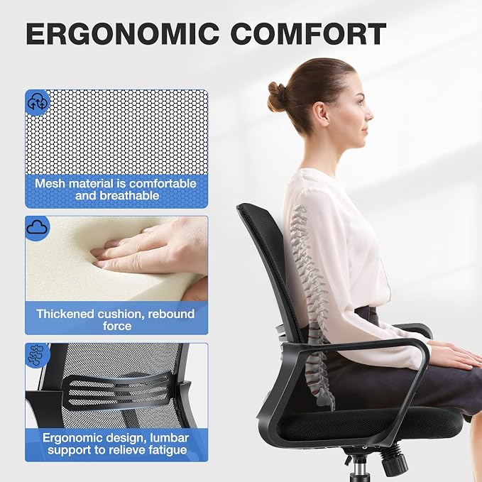 Office Chair - Ergonomic Office Chair Mid Back Office Desk Chair with Wheels Computer Chair with Lumbar Support Home Office Chair with Armrests for Adults, Black