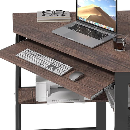 VECELO Corner Desk Computer Desk Writing Table with Smooth Keyboard Tray&Storage Shelves for Small Spaces/Compact Home Office Triangle Table,Brown