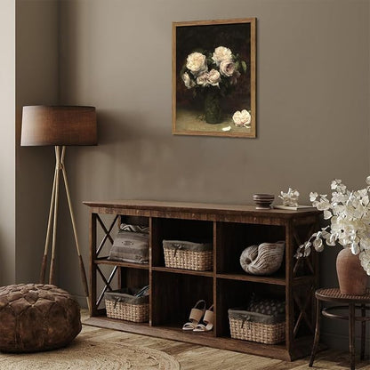 Vintage Floral Wall Art, Framed Moody Dark Roses Canvas Wall Art, Botanical Flowers Pictures Print, Retro White Roses Oil Painting Artwork Wall Decor for Bedroom Kitchen Bathroom – 12x16 inch