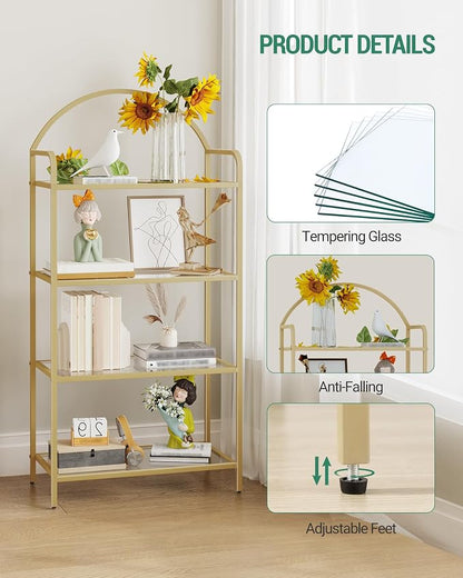 Hzuaneri Bookcase Bookshelf, Tempered Glass Bookshelves, Slim Shelving Unit for Bedroom, Bathroom, Home Office, Steel Frame, 4 Tier Gold BC21499G