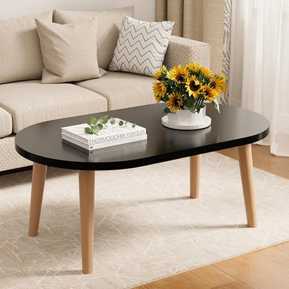 Small Coffee Table, Low Table with Solid Wood Legs, 23.6" Mini Oval Accent Table Side End Table, Floor Table Desk for Sitting on The Floor, Coffee Tea Table for Living Room, Dorm, Apartment, Black