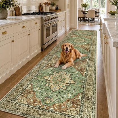 RELEANY Area Rugs Runner 3'x12' Washable Non-Slip, Floral Vintage Distress Medallion Carpet for Kitchen Hallway Bedroom Beside Laundry Room Bathroom, Terracotta Burnt Orange Green