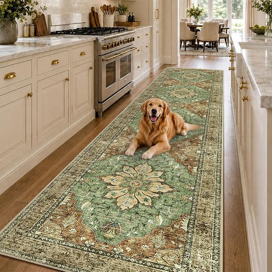 RELEANY Area Rugs Runner 3'x12' Washable Non-Slip, Floral Vintage Distress Medallion Carpet for Kitchen Hallway Bedroom Beside Laundry Room Bathroom, Terracotta Burnt Orange Green
