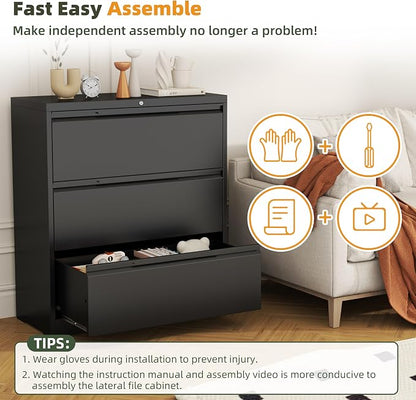Lateral File Cabinet, 3 Drawer Lateral Filing Cabinet with Lock, Metal Lateral Filing Cabinet for Home Office, Office Organization Cabinet for Letter/Legal/F4/A4 Size (Require Assembly)