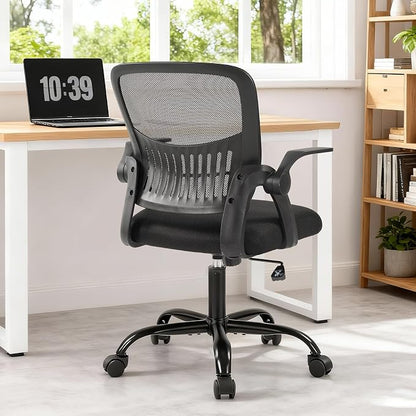 DUMOS Home Office Desk Chair - Ergonomic Computer Mesh Chair with Lumbar Support & Rocking Mode, Height Adjustable, Flip-up Armrest, for Conference, Meeting Room, 360° Swivel, Adults, Black