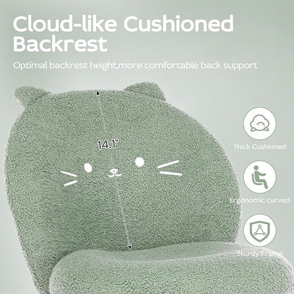 Vanity Chair with Cat Back,Armless Desk Chair Cute Small Office Chair,Teddy Fabric Computer Chair with Adjustable Height,120°Tilting,Rolling,Swivel for Vanity,Kids Room,Office,Bedroom Green