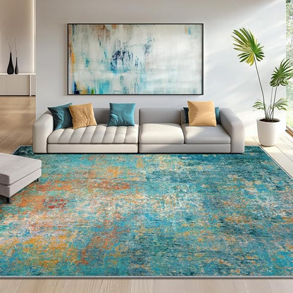 RELEANY Washable Area Rugs 10'x14 Non-Slip Modern Abstract Soft for Living Room Entryway Bedroom Kitchen, Print Pattern, Teal Blue Green Orange Rust Red Coloreful