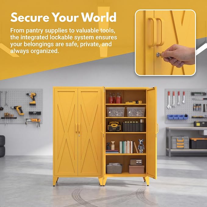 61" Metal Pantry Cabinet with Lock and 3-Tier Adjustable Shelves, Freestanding Heavy Duty Storage Cabinet Locker for Kitchen, Home Office, Garage Yellow
