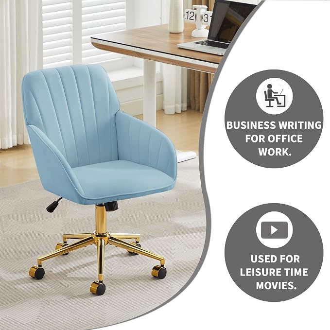 YITAI Velvet Office Desk Armchairs with Gold Base and Wheels,Modern Height Adjustable 360 Degree Swivel Upholstered Vanity Chairs for Living/Room Bedroom/Study,Light Blue