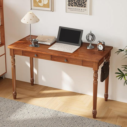 47 x 22 Inch Wooden Desk with Drawers -Simple Mid Century Modern Desk with 2 Hooks, Solid Rubber Wood Study Table for Living Room, Bedroom & Home Office, Walnut Color